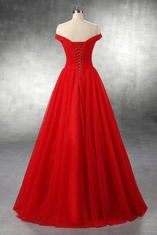 Elegant A-line Off Shoulder Red Lace-up Floor-Length Simple Prom Dresses