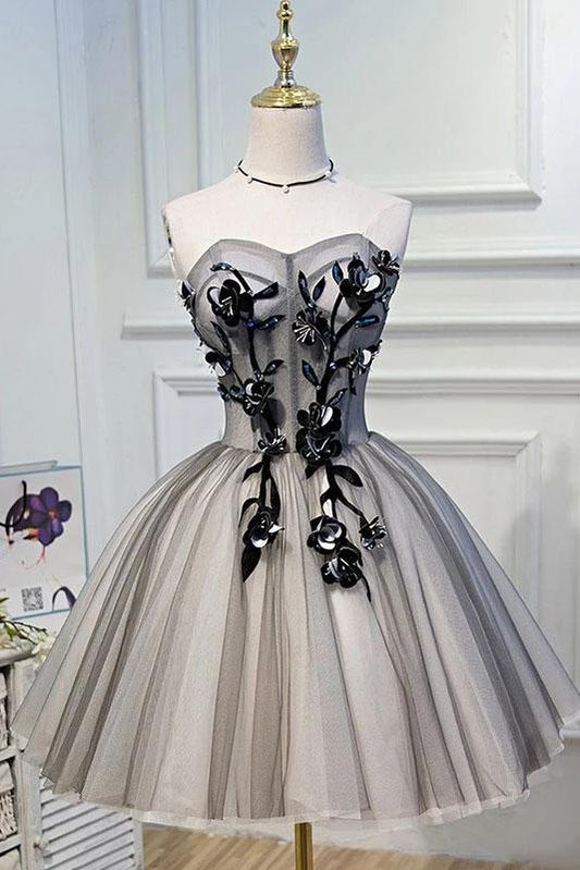 Elegant A Line Strapless Tulle Homecoming Dresses with Lace up Black Short Prom Dresses STC14974