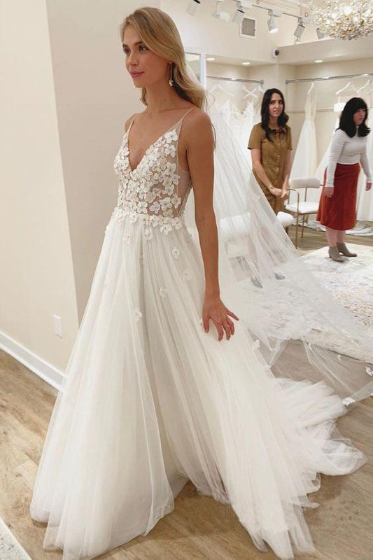 Elegant A line Spaghetti Straps V Neck Tulle Wedding Dresses Wedding STC15639