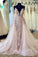 Spaghetti Straps Beads Appliques Deep V Neck Pink Prom Dresses with Detachable Train STC15408