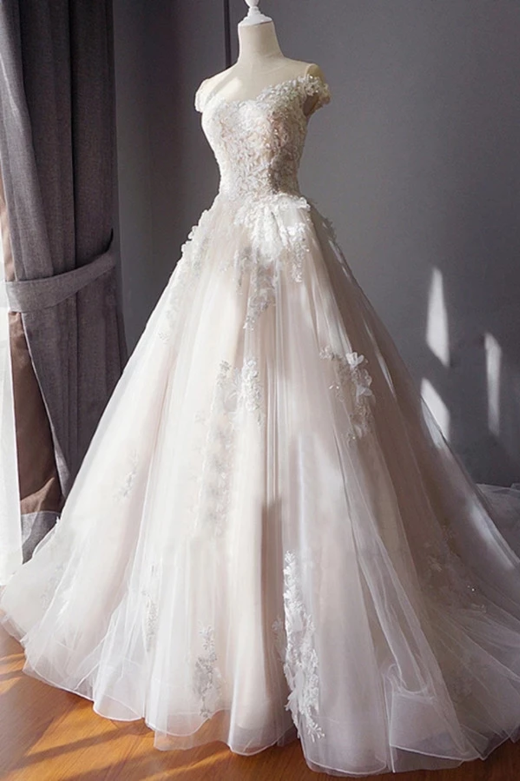 Stunning Off The Shoulder Tulle Wedding Dress With Applique Bridal Dress With Long STCPAE18RA2