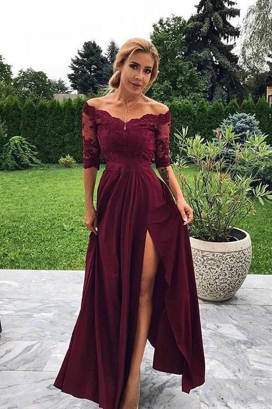 Modest Off the Shoulder Burgundy Bridesmaid Dresses with Slit Prom STC15655