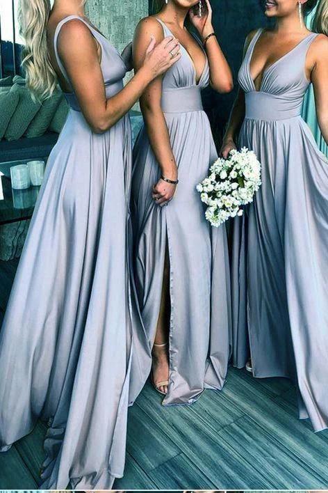 Elegant A Line V Neck Blue Straps Bridesmaid Dresses, Wedding Party STC20413