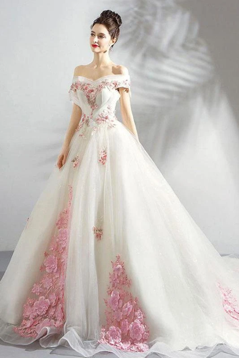 Unique Off The Shoulder Tulle Wedding Dress With Pink Flowers Ball Gown Wedding STCPQ4NB2CL