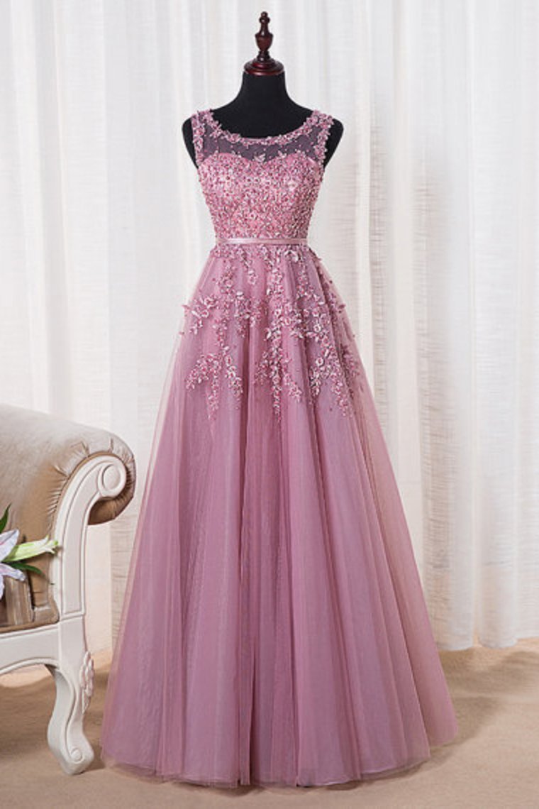 2022 Scoop A Line Prom Dresses A Line Tulle With Applique Floor