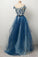 Blue Off the Shoulder Tulle V neck Cap Sleeve Beads Prom Dresses with Applique STC15080