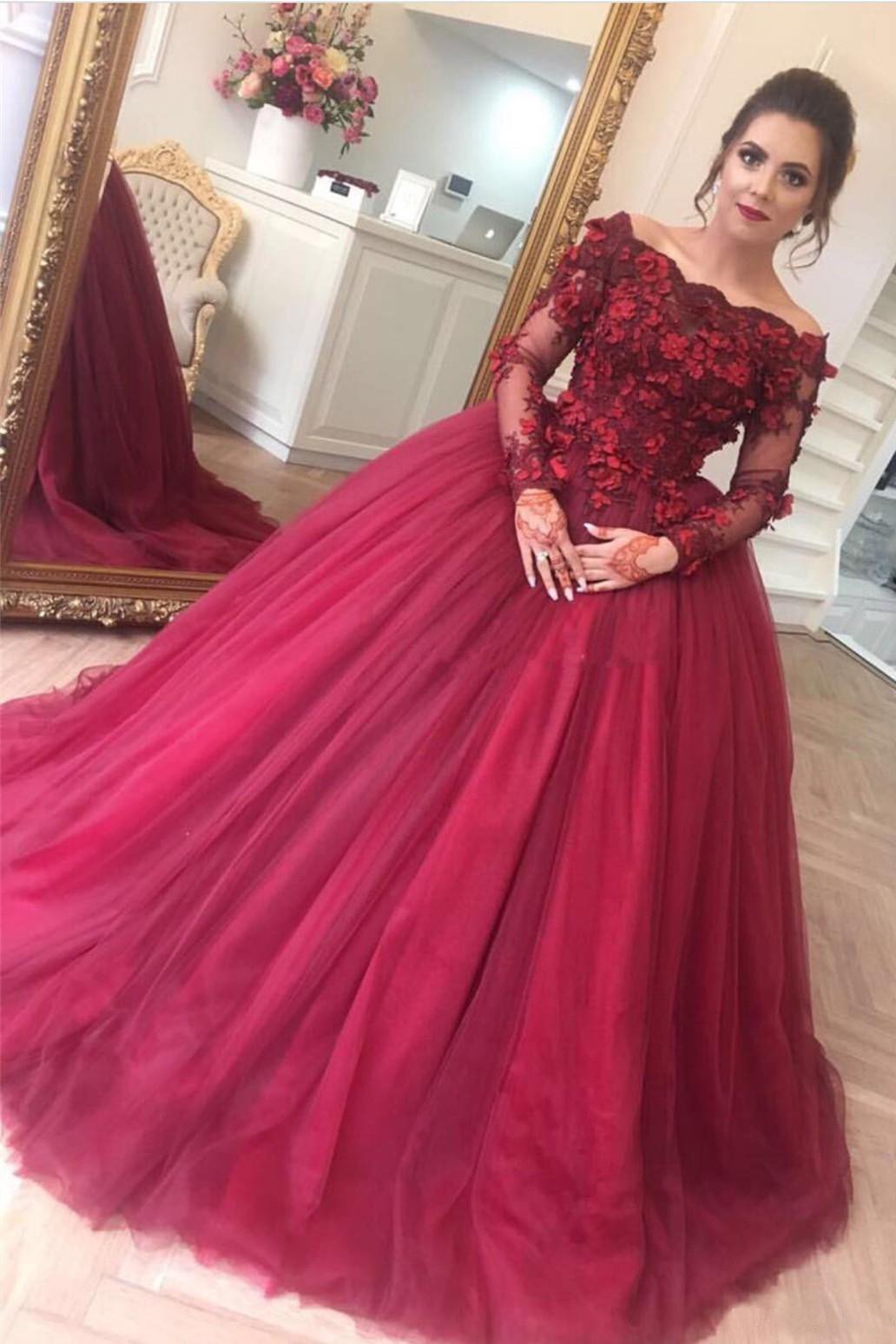 Ball Gown Burgundy Off the Shoulder Long Sleeve Appliques Tulle Party Dresses