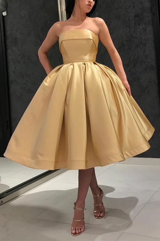 Ball Gown Yellow Strapless Homecoming Dresses with Pockets Short Prom Dresses