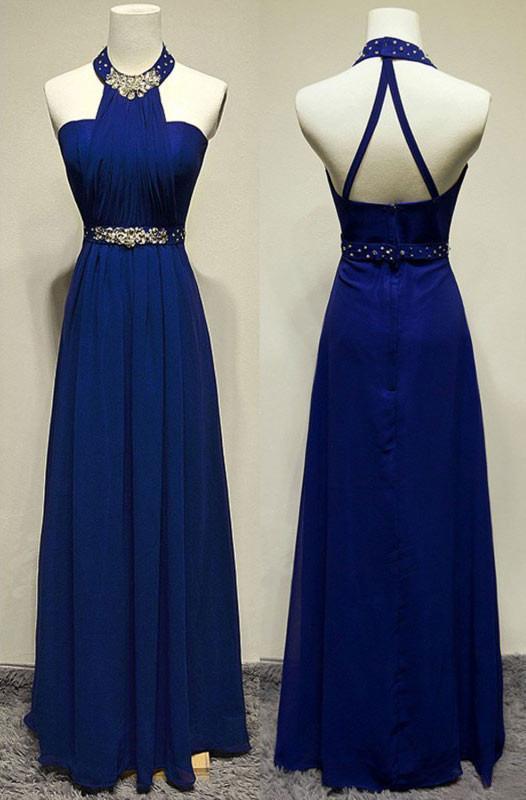 Long Elegant Sleeveless A-line Halter Blue Backless Prom Dresses