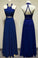 Long Elegant Sleeveless A-line Halter Blue Backless Prom Dresses