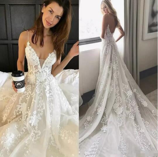 Elegant Ivory Spaghetti Straps Tulle Lace V Neck Wedding Dresses With Pockets