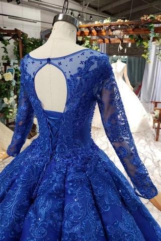 Elegant Royal Blue Long Sleeves Ball Gown Lace up Puffy Quinceanera Dress with Appliques
