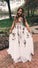 Elegant White Lace Long Prom Dresses Floral Print Backless V Neck Evening Dresses