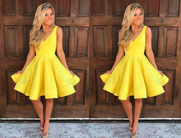 A Line Yellow V Neck Sleeveless Short Homecoming Dresses