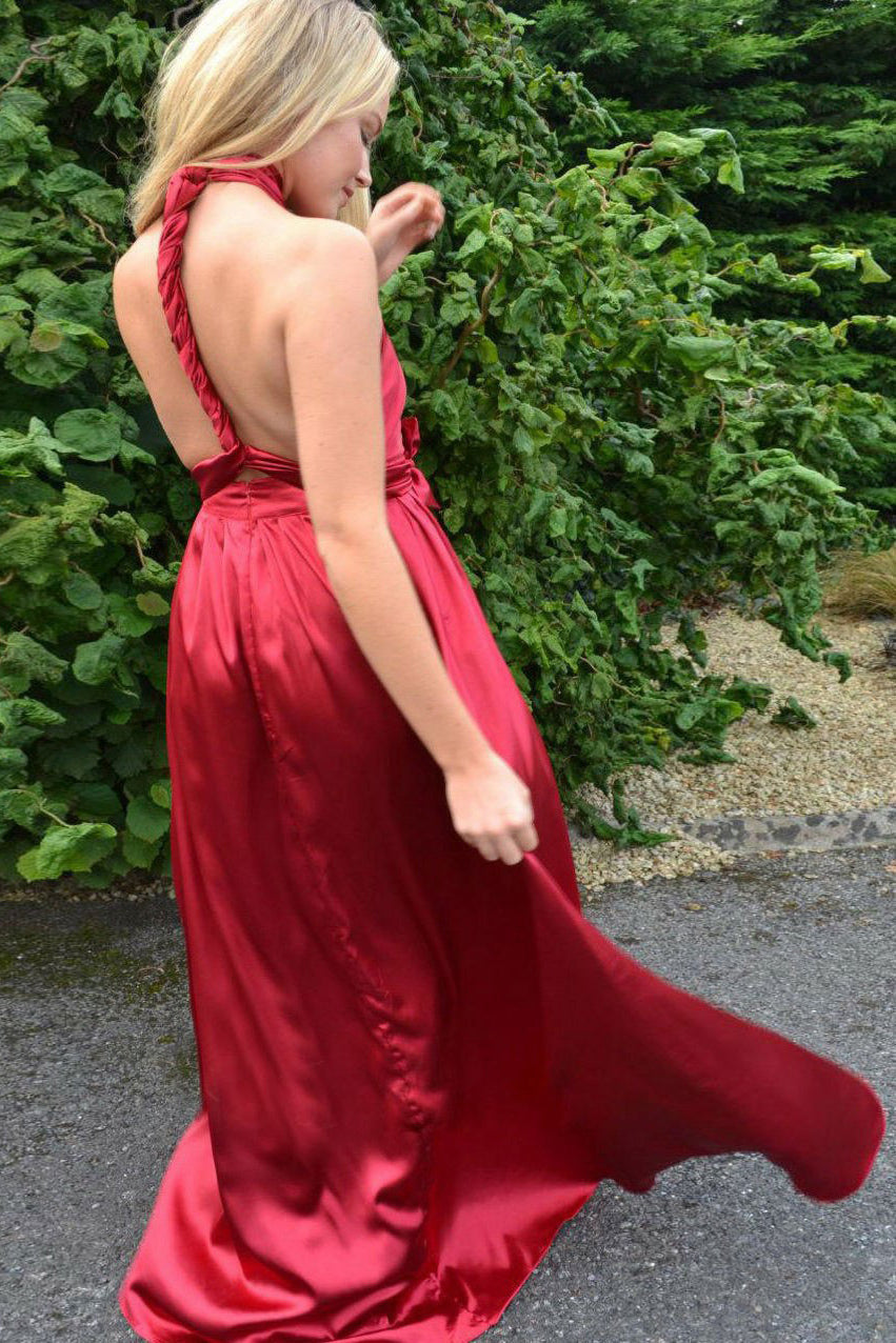 Pleated Red A-Line V-Neck Back Twist Satin Bridesmaid Dresses