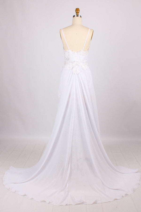 Popular Sphagetti Lace With Side Slit Open Back Sweep Train Beach Wedding Dresses