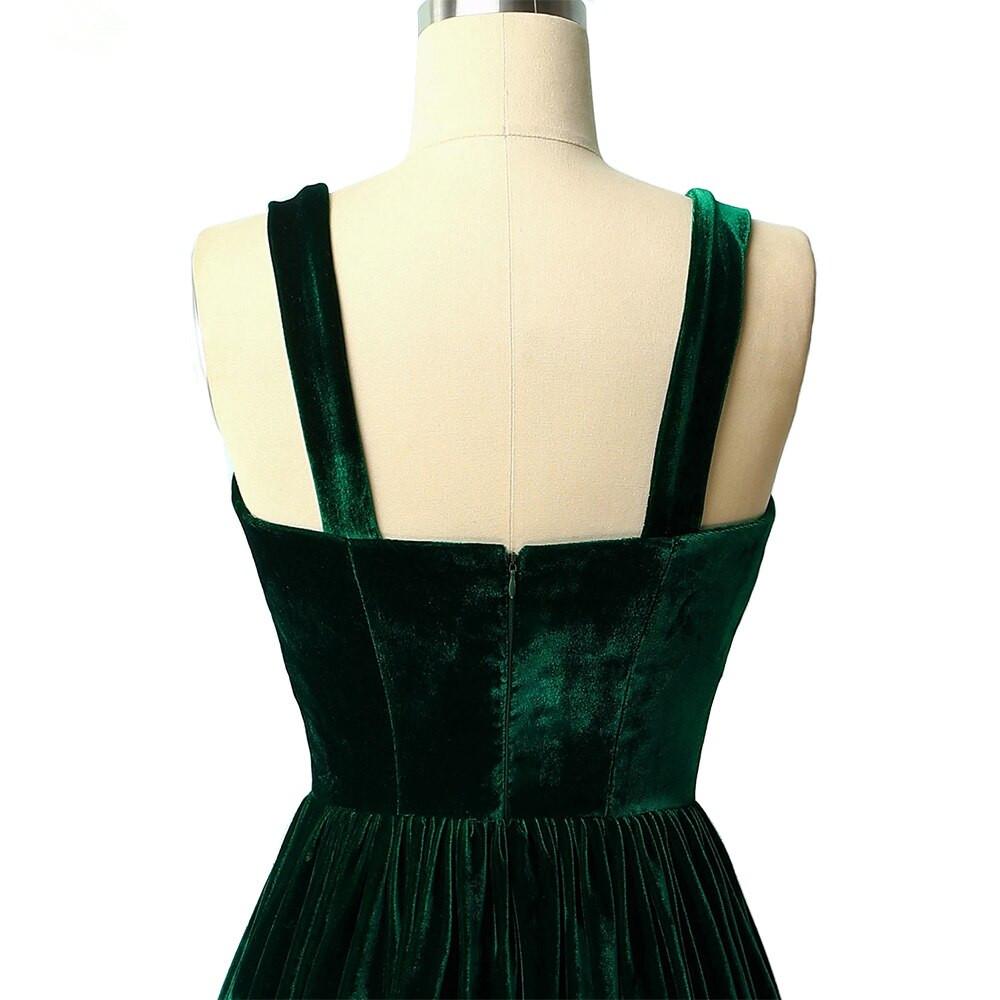 Vintage A-Line Sweetheart Straps Open Back Dark Green Velvet Floor Length Prom Dresses STC15481
