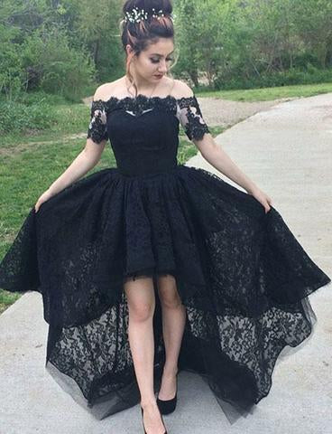 Vintage A-Line Off the Shoulder Black Lace High Low Short Sleeve Prom Homecoming Dresses