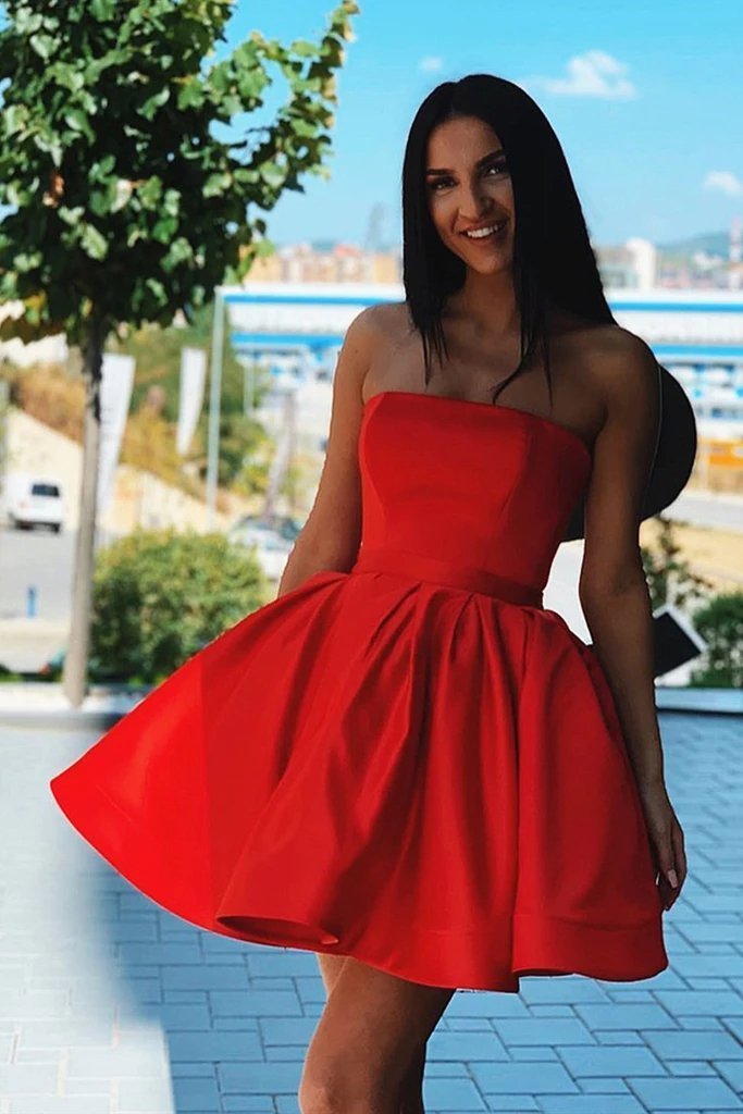 Cute Red Satin Strapless Above Knee Homecoming Dresses with Belt Short Cocktail Dresses