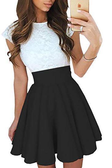 Simple A Line Lace White and Black Homecoming Dresses with Satin Above Knee Cocktail Dress