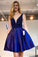 A-line V-neck Short Mini Satin Short Royal Blue Beaded Prom Dress Homecoming Dresses
