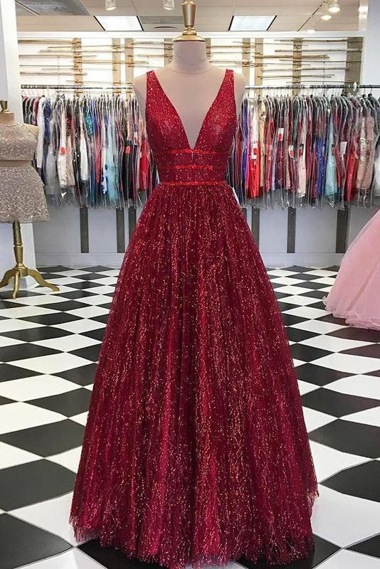 Unique Burgundy Sequins Tulle Prom Dress V Neck A Line Backless Prom Dresses