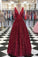 Unique Burgundy Sequins Tulle Prom Dress V Neck A Line Backless Prom Dresses