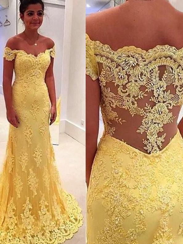Elegant Sheath Yellow Lace Off Shoulder Long Prom Dresses