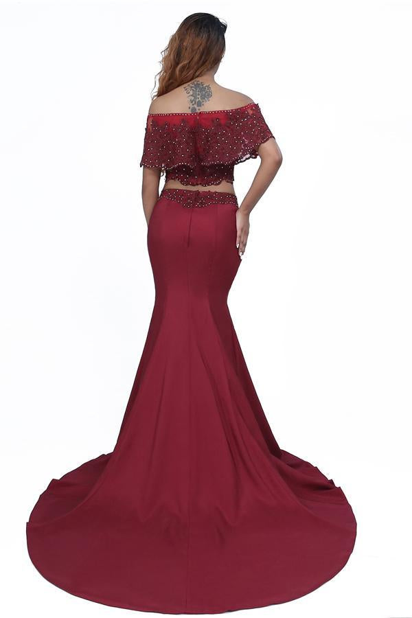 Elegant Mermaid Off the Shoulder Two Pieces Beades Burgundy Prom STC15644