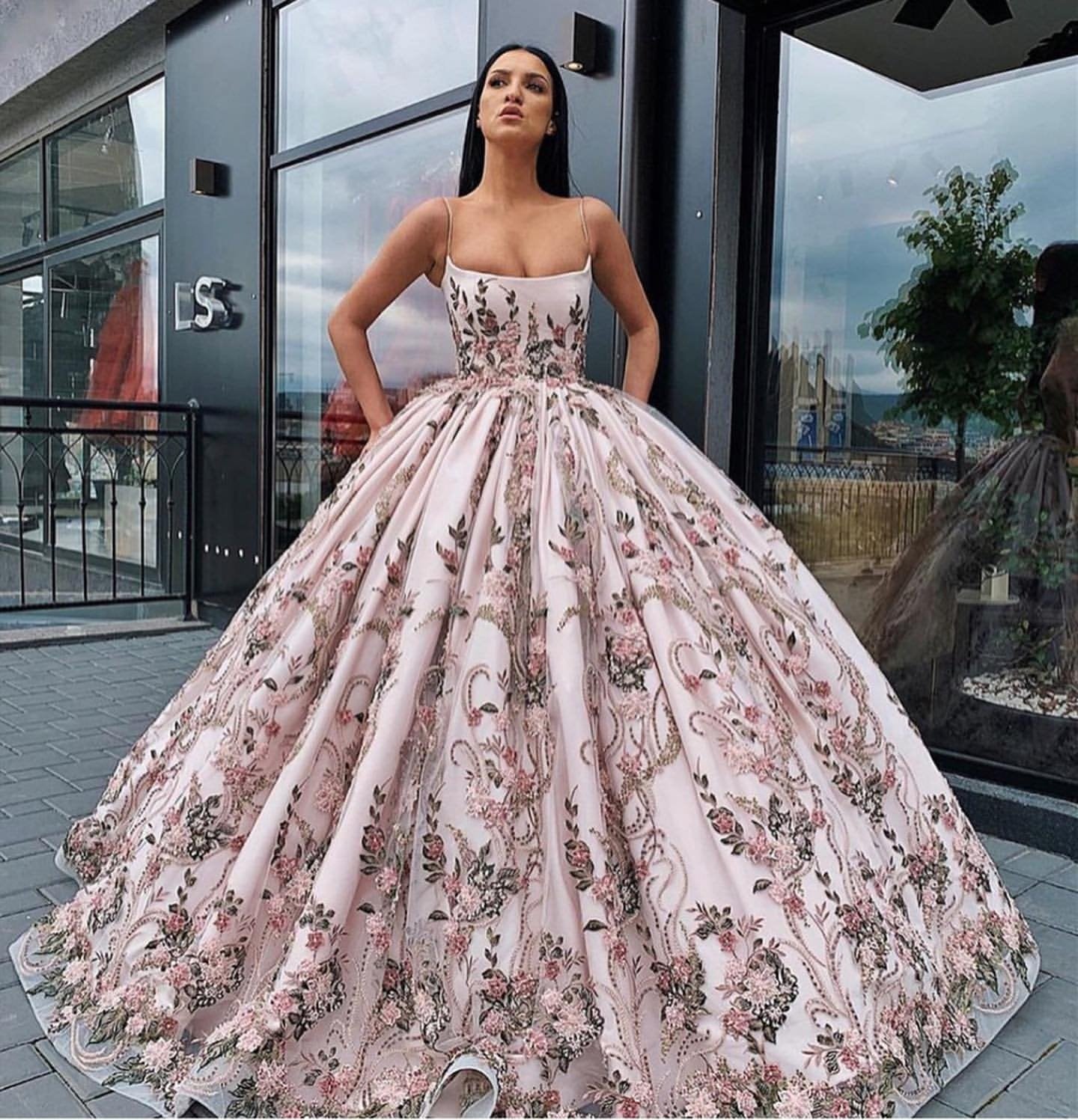Princess Ball Gown Spaghetti Straps Beads Floral Print Prom Dresses Long Quinceanera Dress STC15294