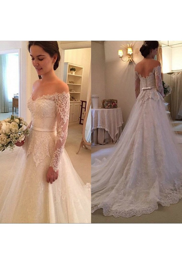 2022 Wedding Dresses A Line Long Sleeves Tulle With Applique And