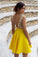 Yellow Floral Satin Illusion Back Daffodil V Neck Homecoming Dresses Short Cocktail Dresses STC14985