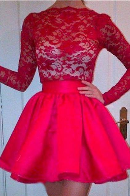 High Neckline Long Sleeves Red Lace Top Short Prom Dresses, Homecoming Dresses STC15237