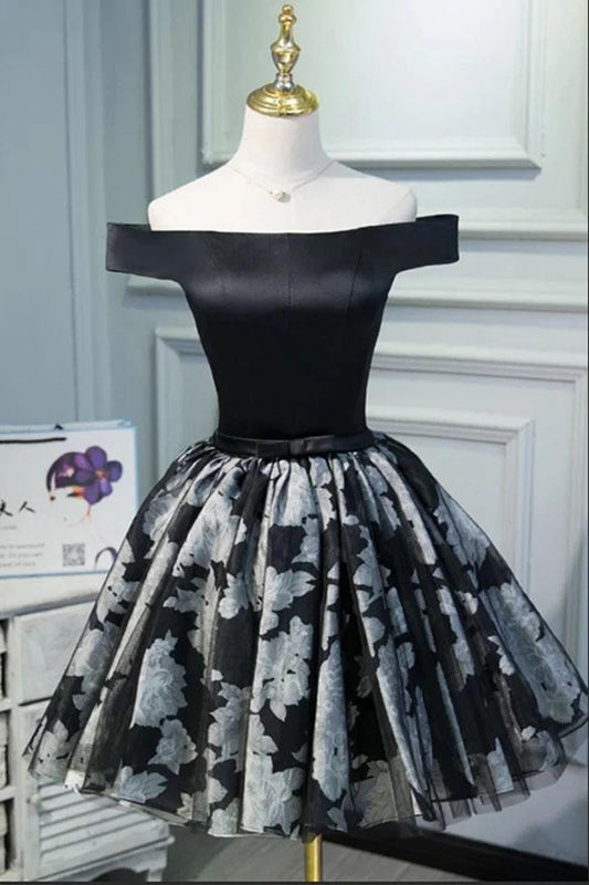 Black Satin Off the Shoulder Cute Homecoming Dresses Short Prom Dress Hoco Gowns STC14967