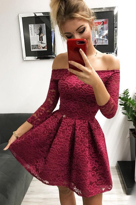 Cute Off the Shoulder Long Sleeves Burgundy Lace Homecoming Dresses Sweet 16 Dresses STC14972