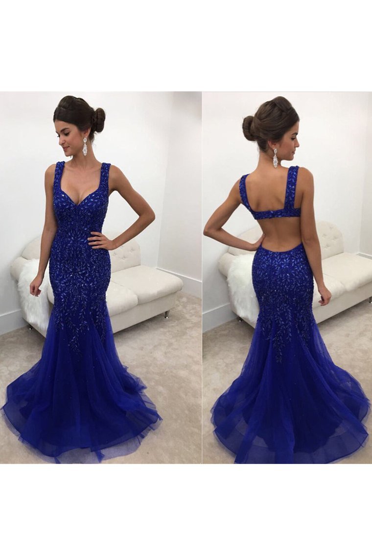 2022 Sexy Open Back Straps Beaded Bodice Prom Dresses