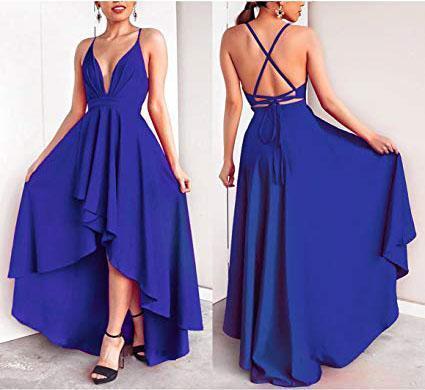 Sexy V Neck Asymmetrical Blue High Low Criss Cross Prom Dresses Evening Dresses