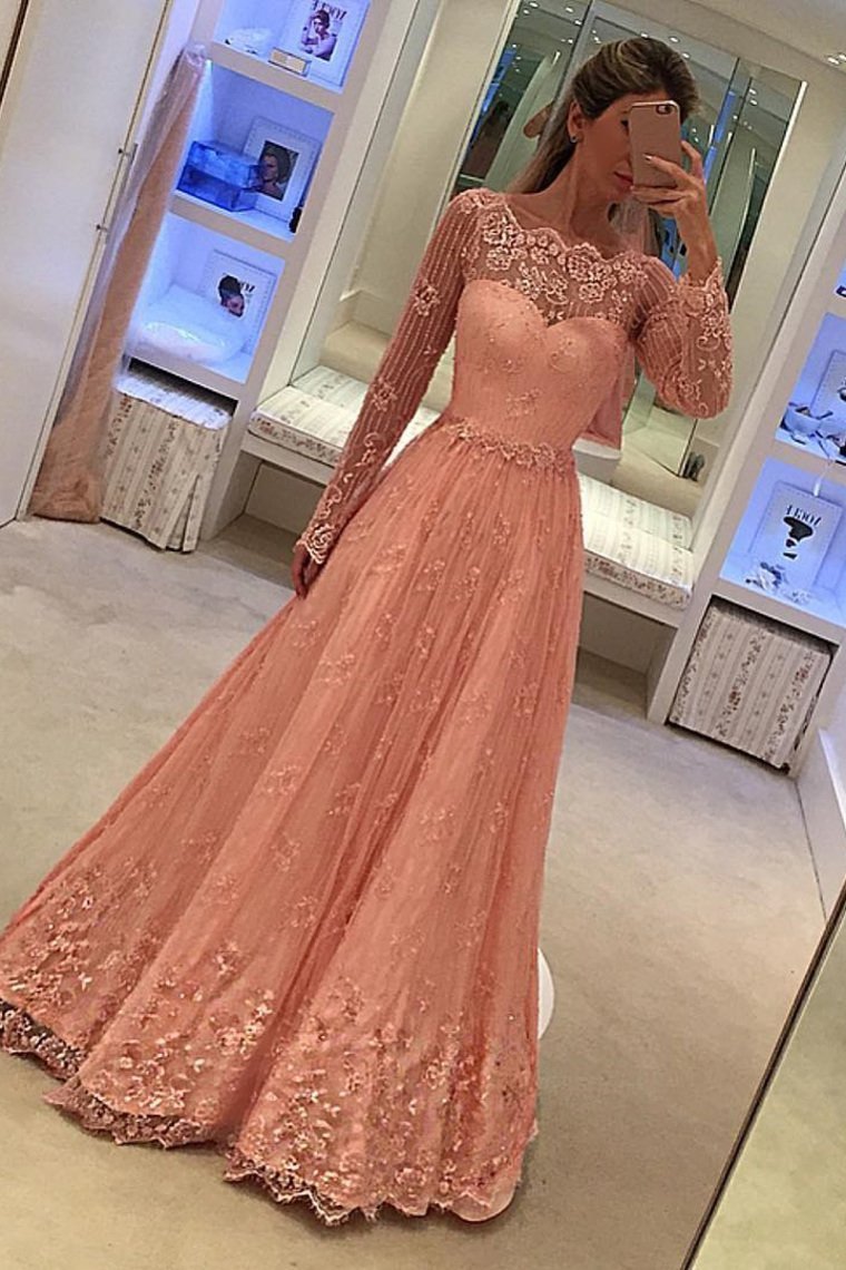 2022 Prom Dresses Long Sleeves A Line Lace With Applique