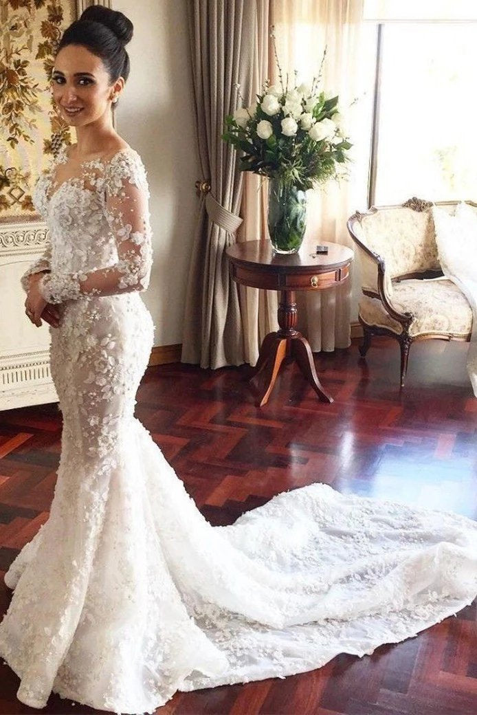 Charming Mermaid Long Sleeves Wedding Dress with Lace Appliques, Wedding Gowns STC15108
