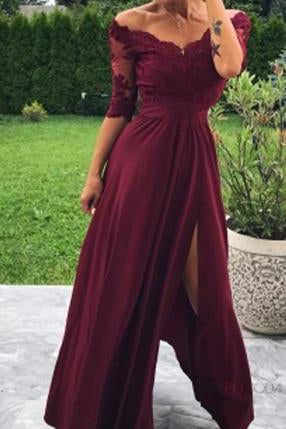 Modest Off the Shoulder Burgundy Bridesmaid Dresses with Slit, Prom STC20427