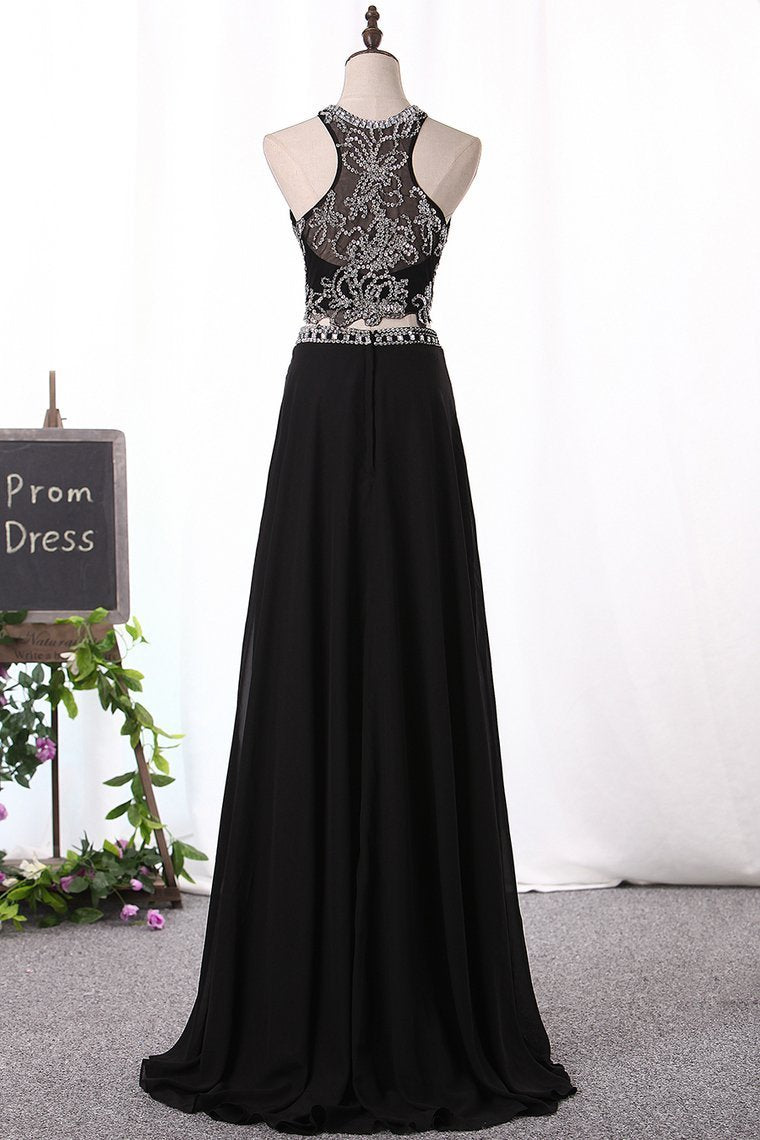 A Line Prom Dresses Scoop Beaded Bodice Chiffon Two