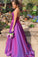 A Line Grape Spaghetti Straps Satin V Neck Long Prom Dresses Backless Evening Dresses STC15488