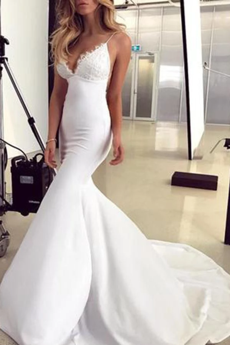 Spaghetti Straps Mermaid Wedding Dress With Appliques Sexy Backless Bridal STCPGZT9APS