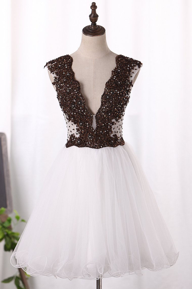V Neck Beaded Bodice Homecoming Dresses A Line Tulle