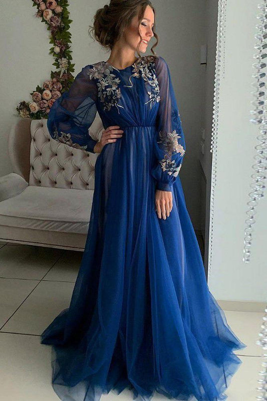 Charming A Line Long Sleeve Tulle Appliques Prom Dresses, Long Evening STC20456
