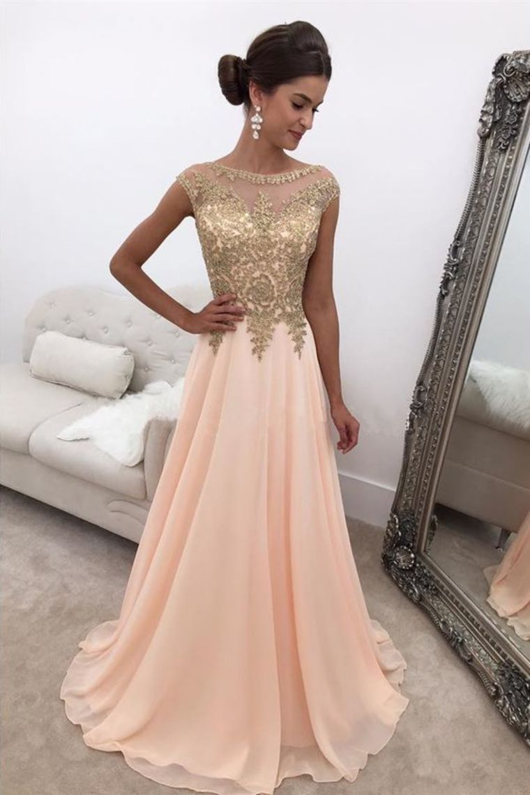 2022 Chiffon Prom Dresses A Line Scoop With Applique Sweep