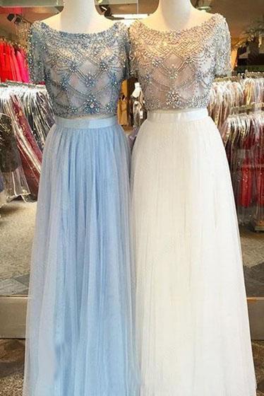 Tulle Scoop Neck A-line Floor-length with Beading Two Piece Short Sleeve Prom Dresses