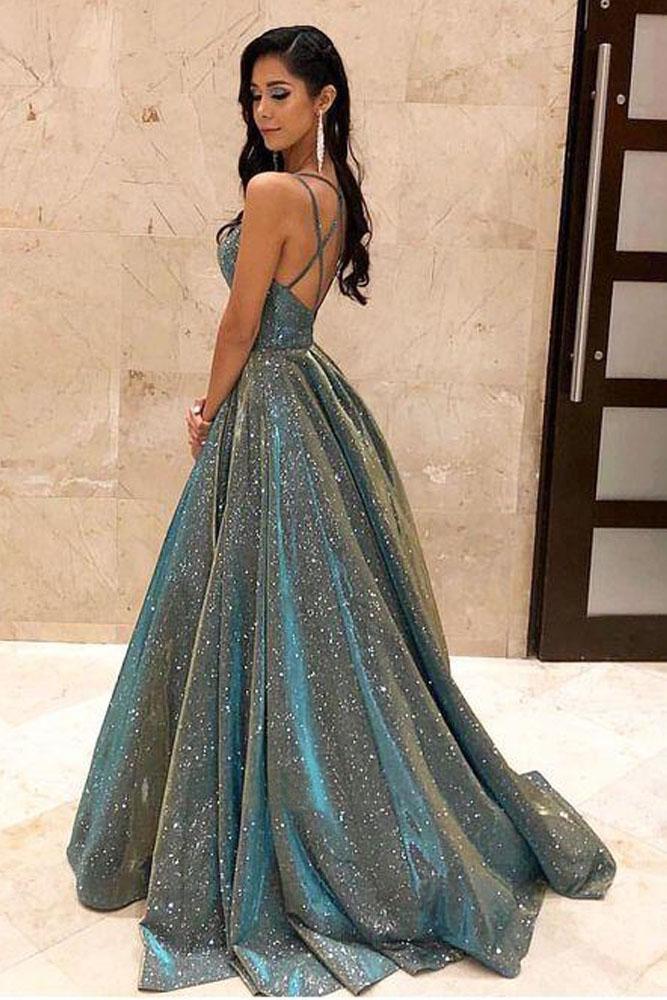 Sparkly Spaghetti Straps Green Sequins Prom Dresses, Backless Party Dresses STC15431