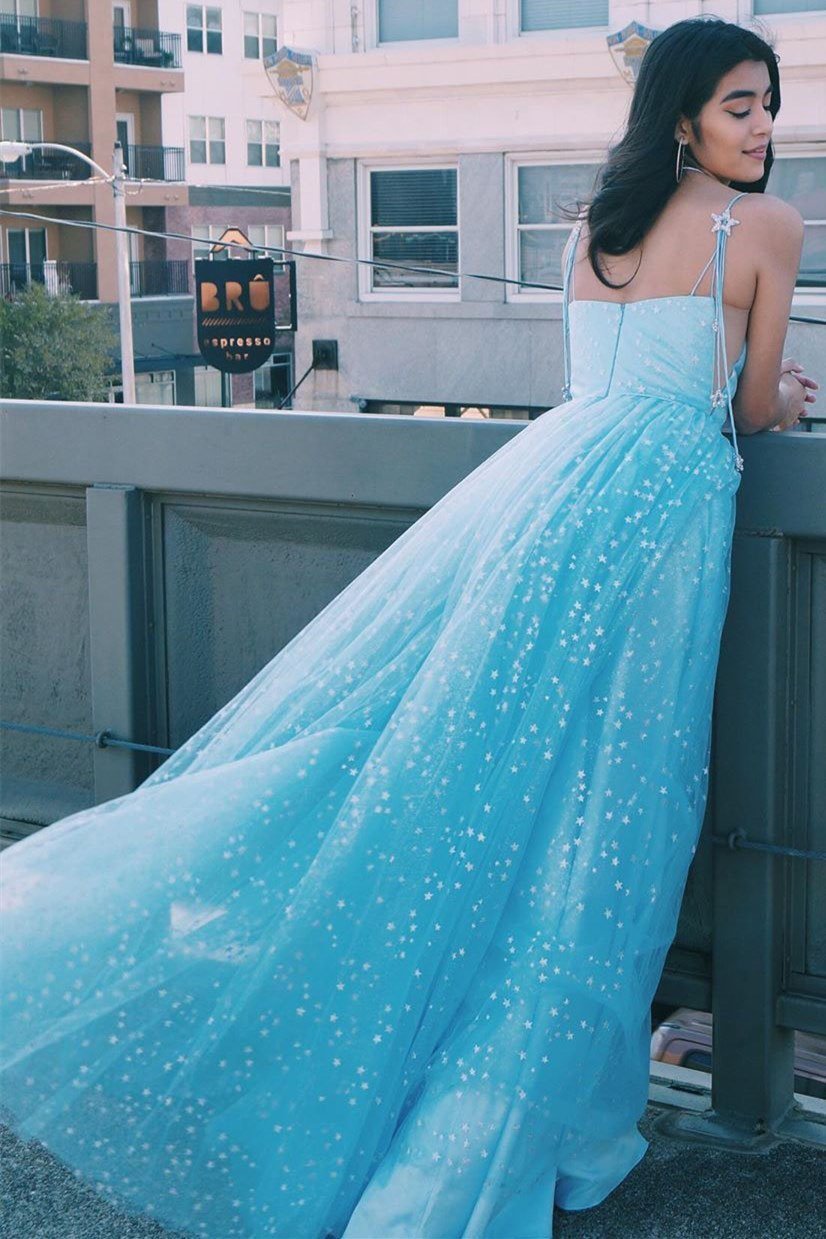 Charming A Line Spaghetti Straps Blue Tulle Prom Dresses with Stars, Dance Dresses STC15503
