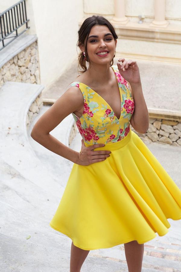 Yellow Floral Satin Illusion Back Daffodil V Neck Homecoming Dresses Short Cocktail Dresses STC14985